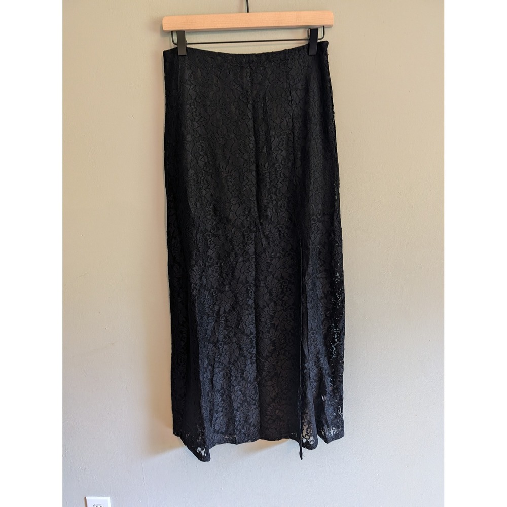 Rooscier Black Floral Lace Maxi Skirt Slit Gothic Sheer Overlay Whimsigoth M